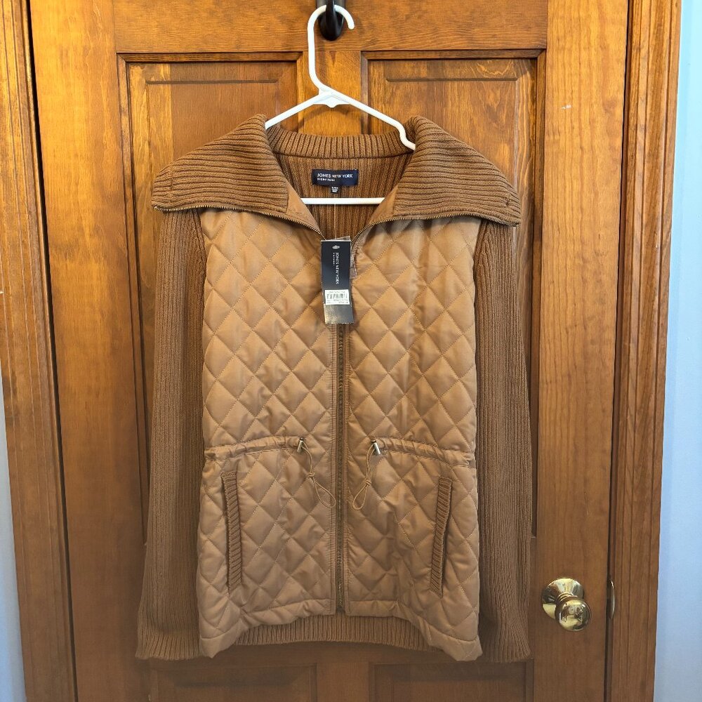 Jones New York Signature Metallic Brown Quilted Sweater Jacket